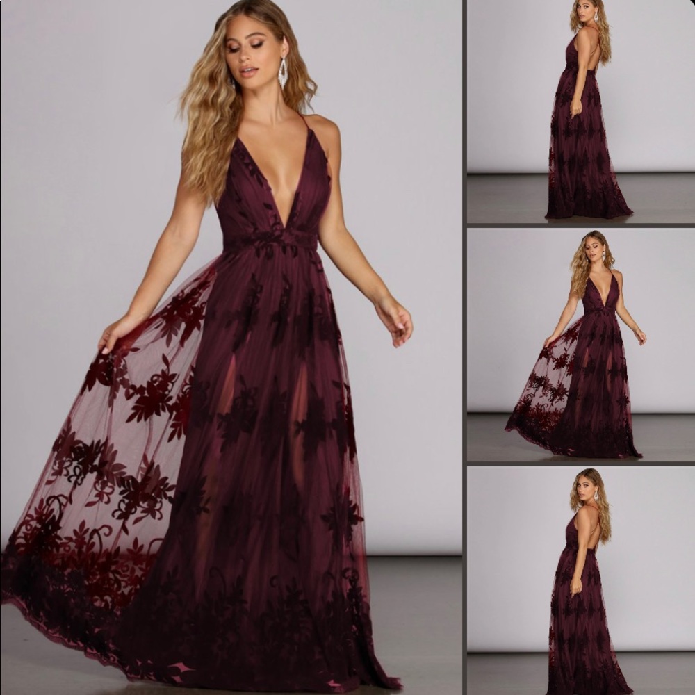 MORGAN FORMAL FLOCKED VELVET DRESS Burgundy